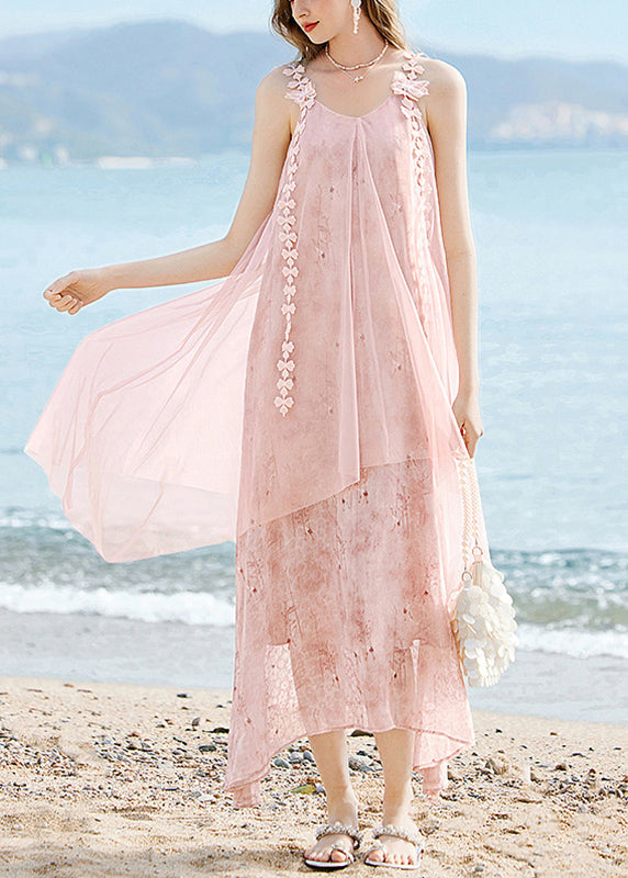 Spaghetti Strap V-Neck 3D Floral Appliqué Tassel Trim Maxi Dress - View 3