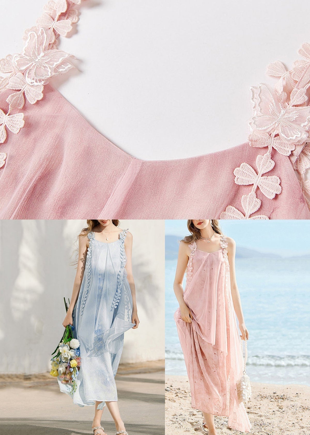 Spaghetti Strap V-Neck 3D Floral Appliqué Tassel Trim Maxi Dress - View 5