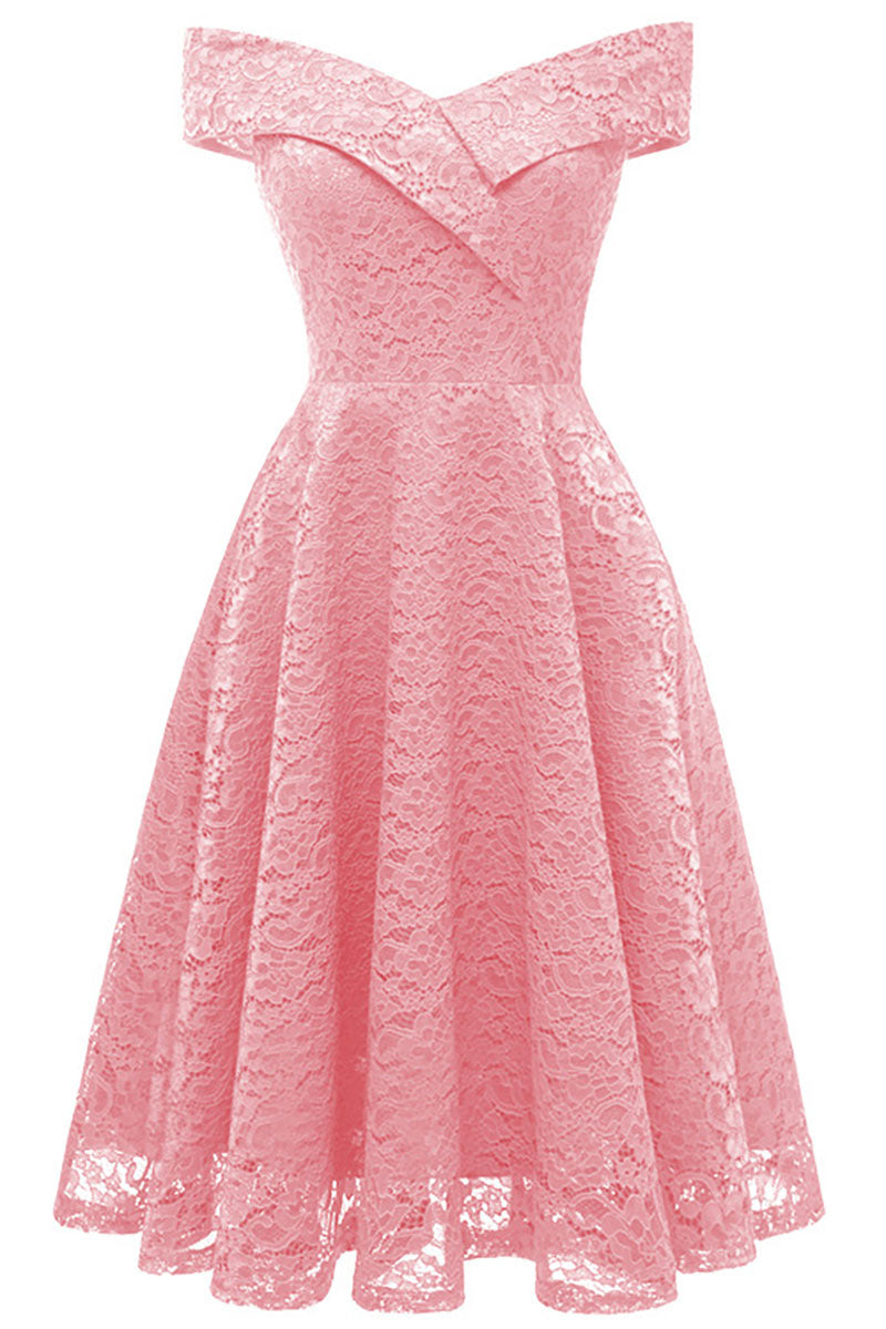 Purple Off-the-shoulder Lace Midi Prom Dress - Mislish