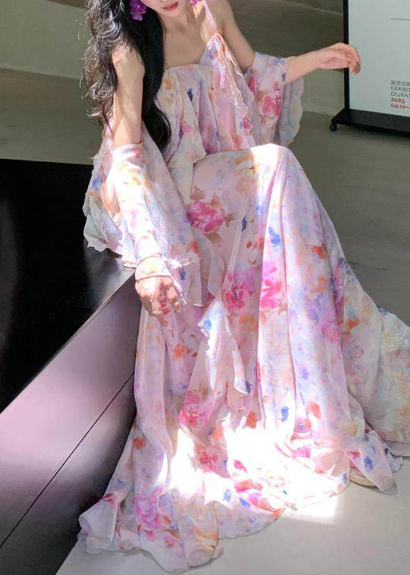 Spaghetti Strap Floral Chiffon Tiered Flowy Maxi Dress - View 2