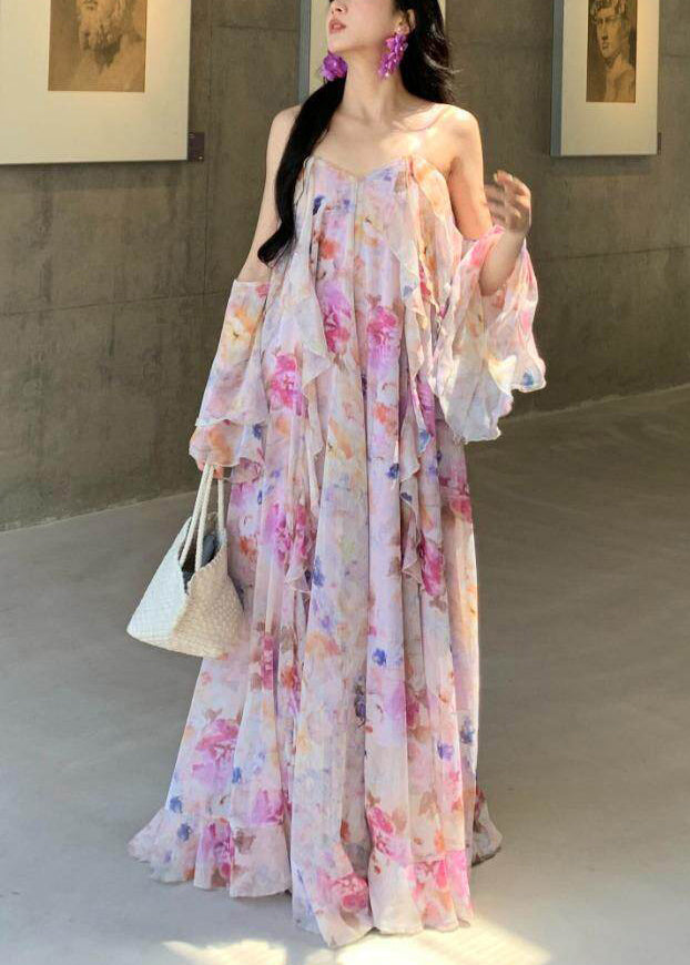 Spaghetti Strap Floral Chiffon Tiered Flowy Maxi Dress - View 3
