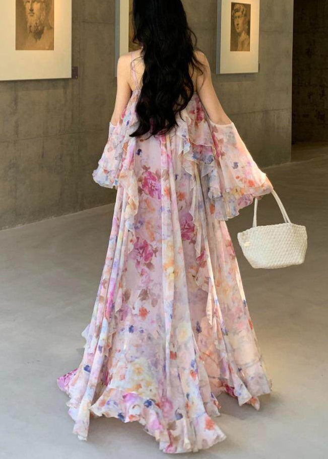 Spaghetti Strap Floral Chiffon Tiered Flowy Maxi Dress - View 4