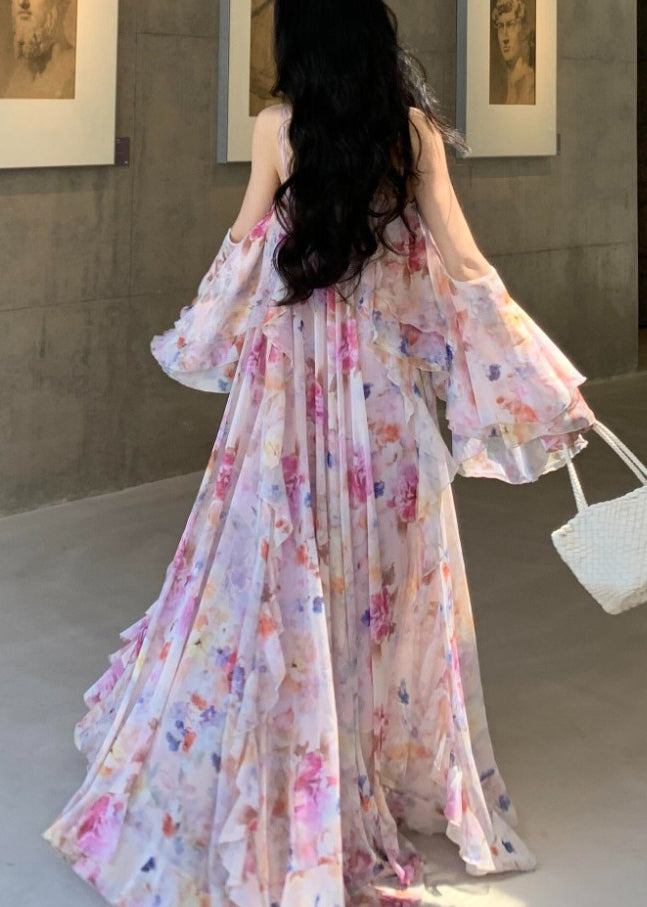 Spaghetti Strap Floral Chiffon Tiered Flowy Maxi Dress - View 5
