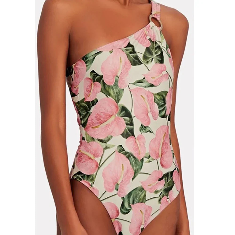 Pink Printed One Shoulder Tie One Piece Swimsuit