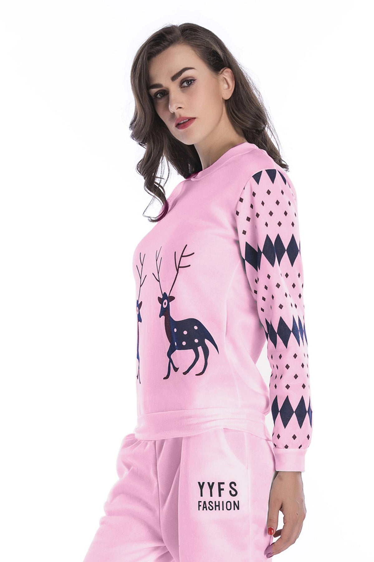 Pink Sika Deer Print Long Sleeve Sweatshirt