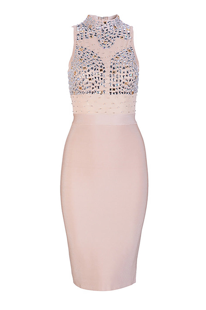 Pink Sleeveless High Neck Beading Bandage Dress