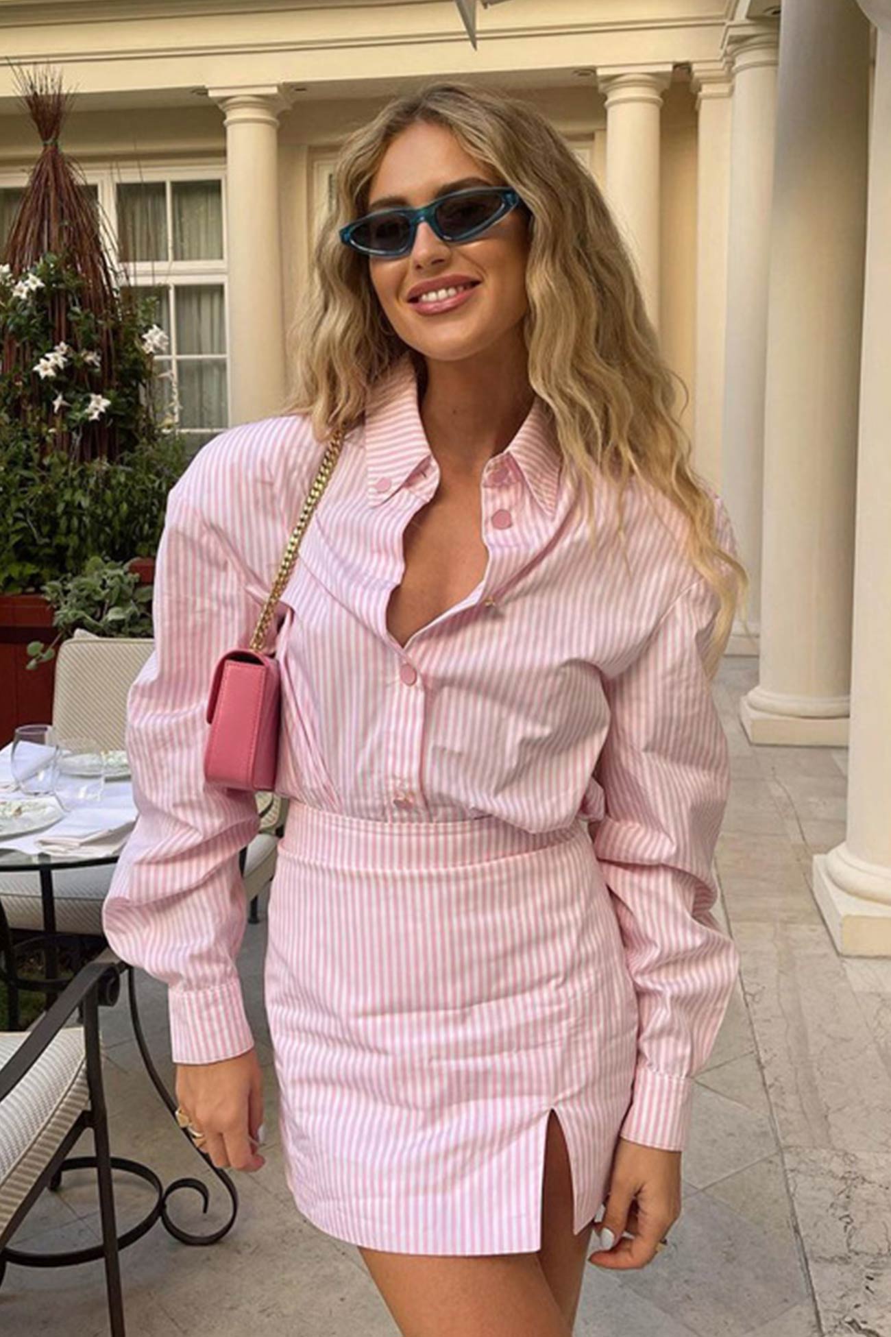 Pink Striped Print Shirt Mini Skirt Suits
