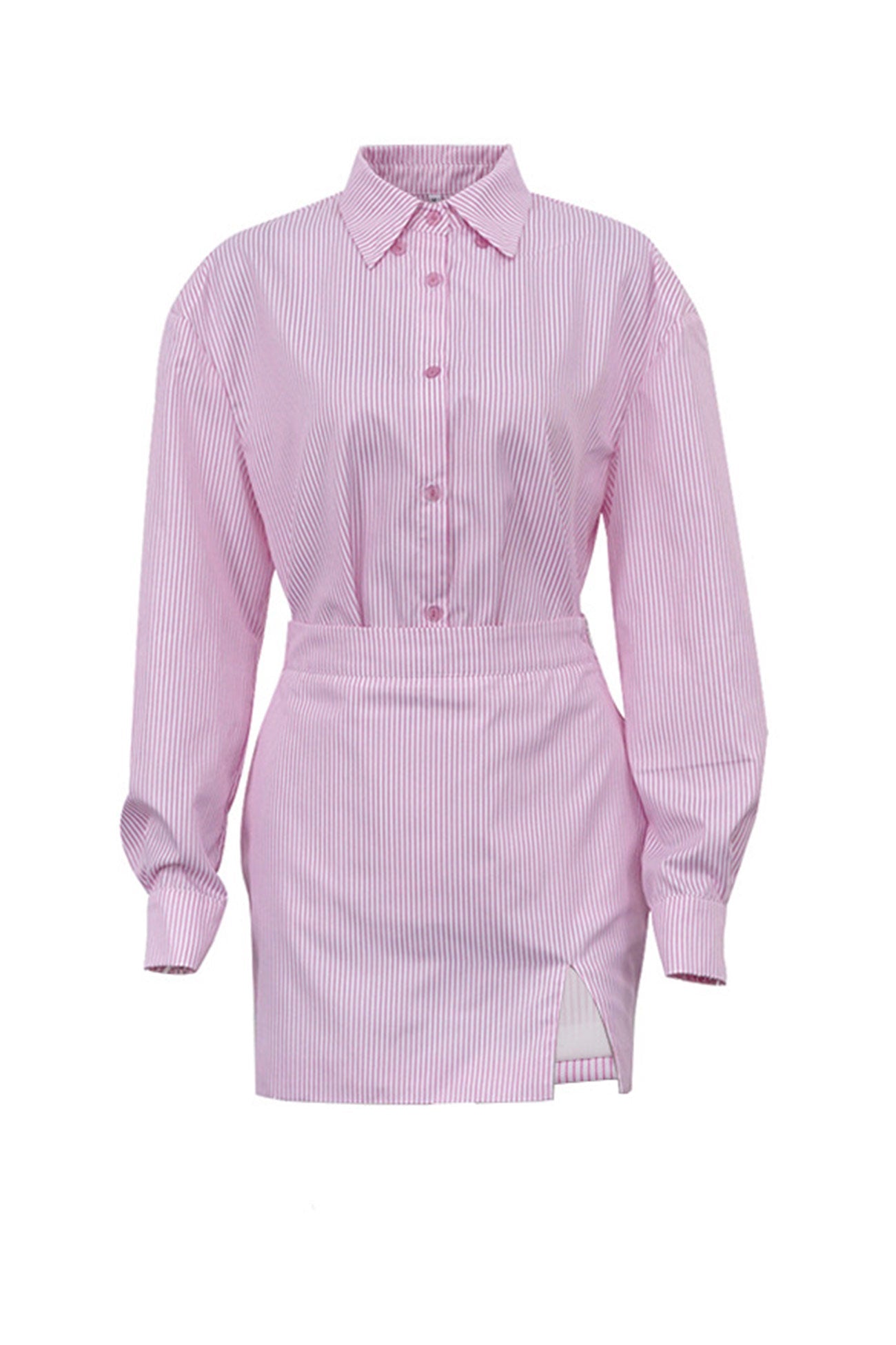 Pink Striped Print Shirt Mini Skirt Suits