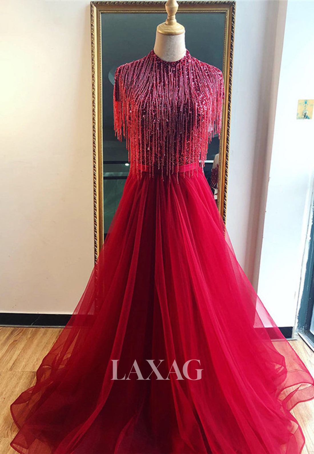 Unique High-Neck Cap-Sleeves Sequins Beaded Pleated Tulle A-Line Formal Evening Dress - Fashionpara