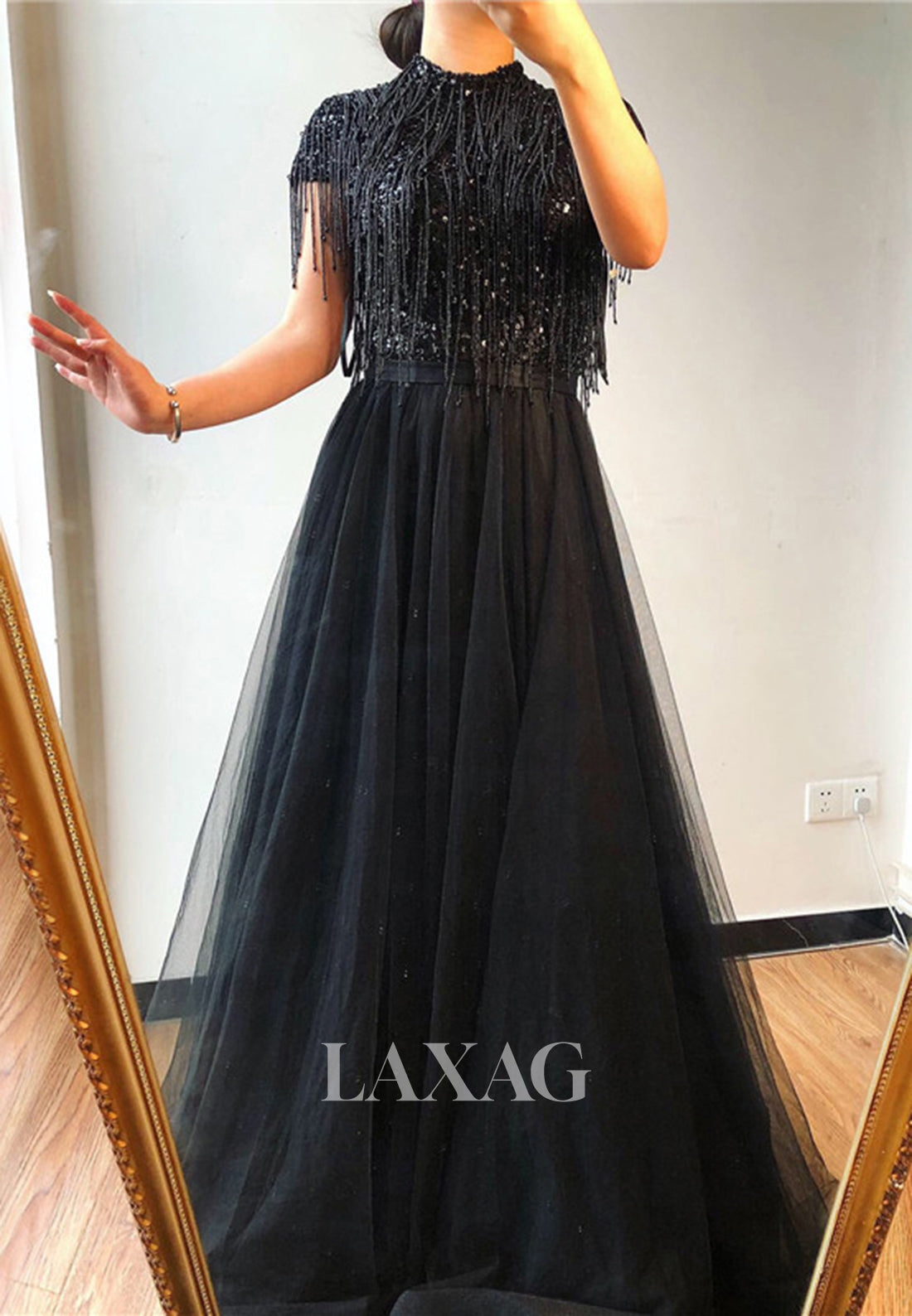 Unique High-Neck Cap-Sleeves Sequins Beaded Pleated Tulle A-Line Formal Evening Dress - Fashionpara