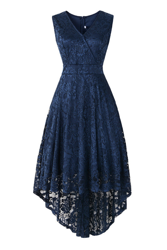 Pink V Neck Sleeveless High Low Lace Cocktail Dress - Mislish