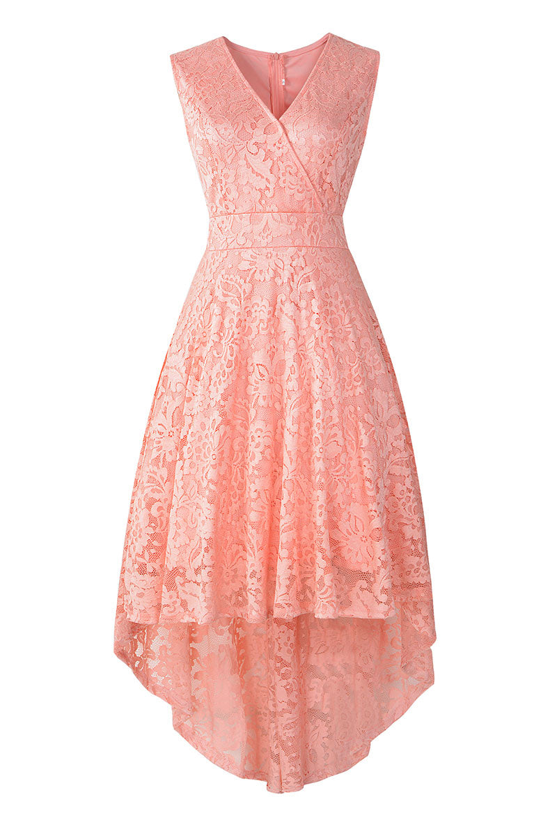 Pink V Neck Sleeveless High Low Lace Cocktail Dress - Mislish