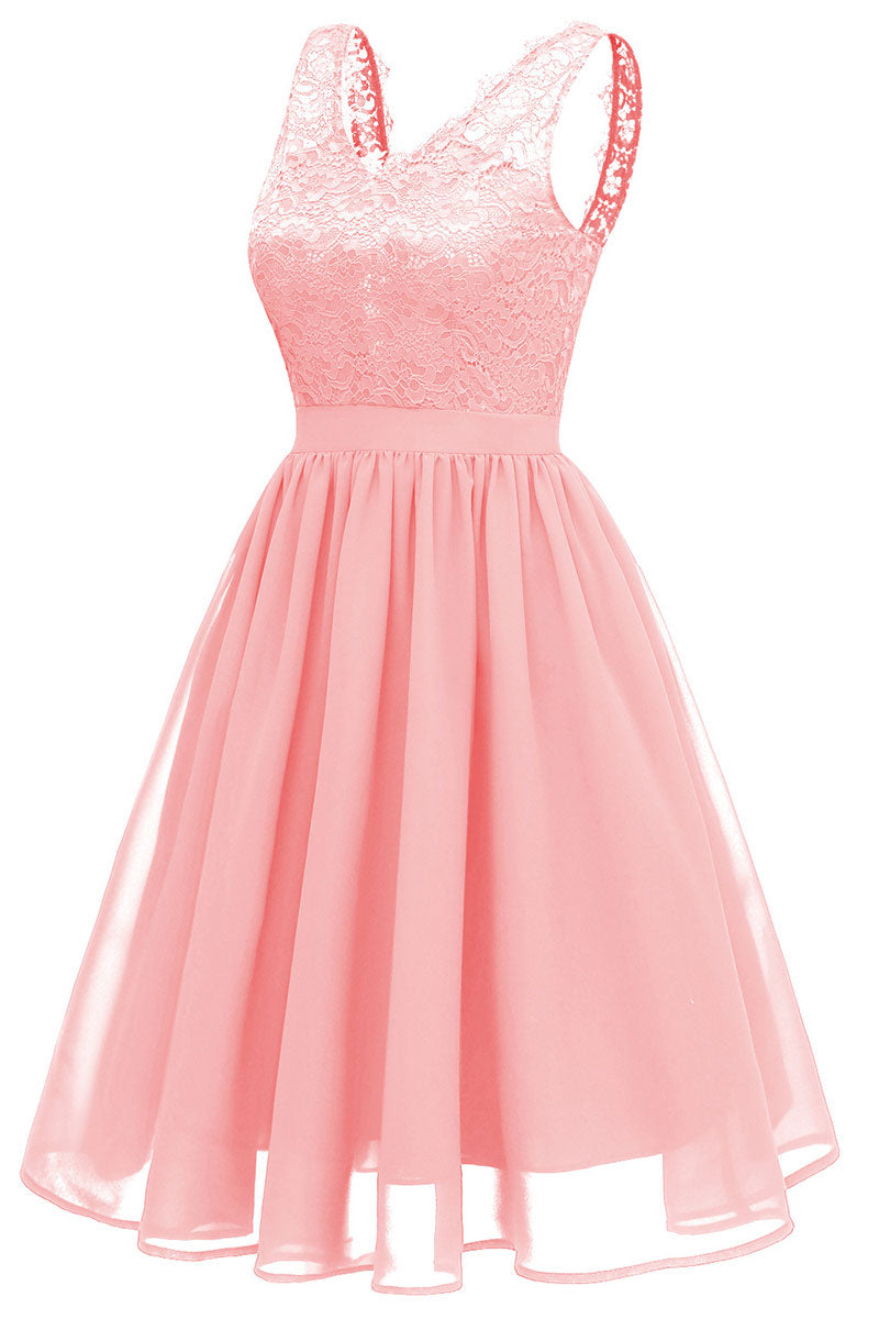 Burgundy V-neck Lace A-line Prom Dress