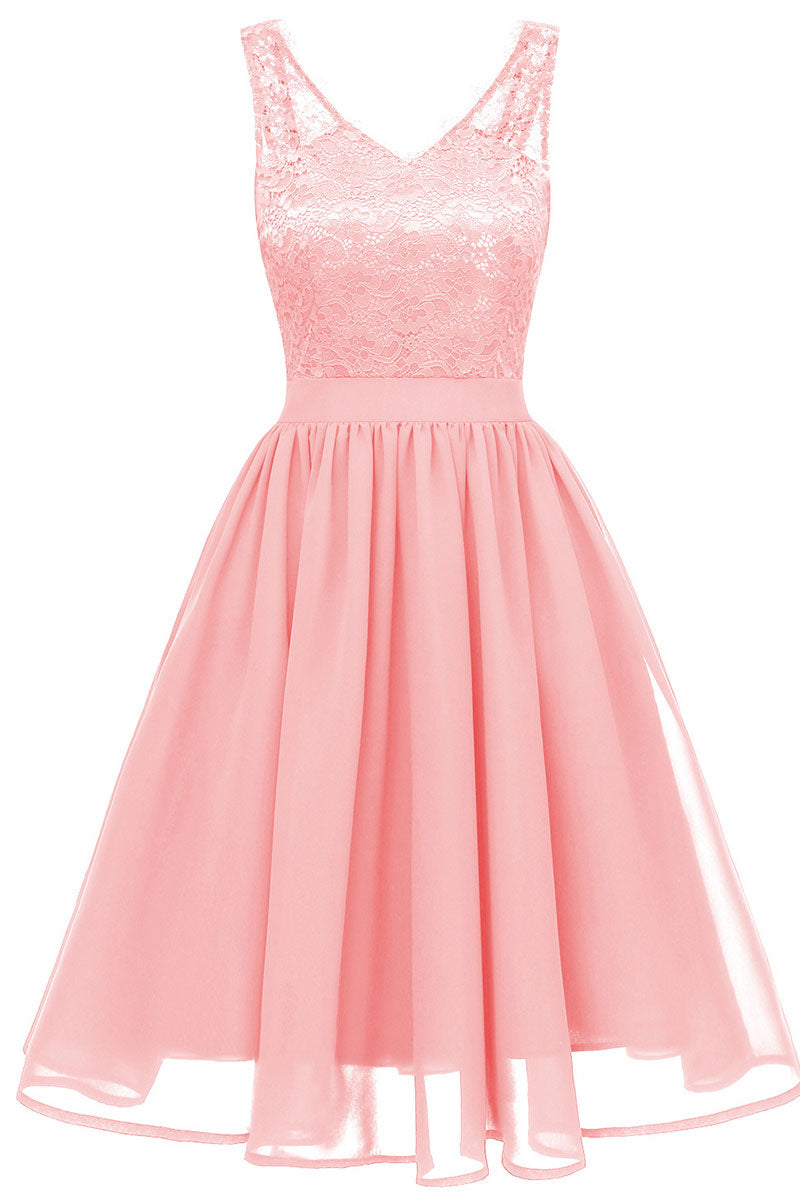 Burgundy V-neck Lace A-line Prom Dress
