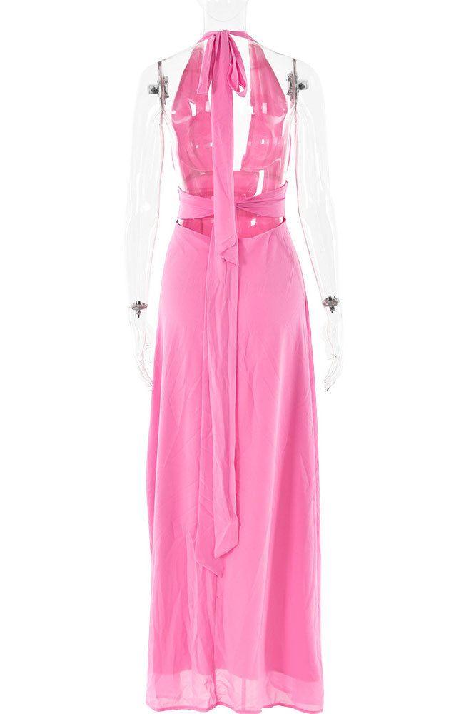 Pink Halter Plunging Prom Gown Evening Dress
