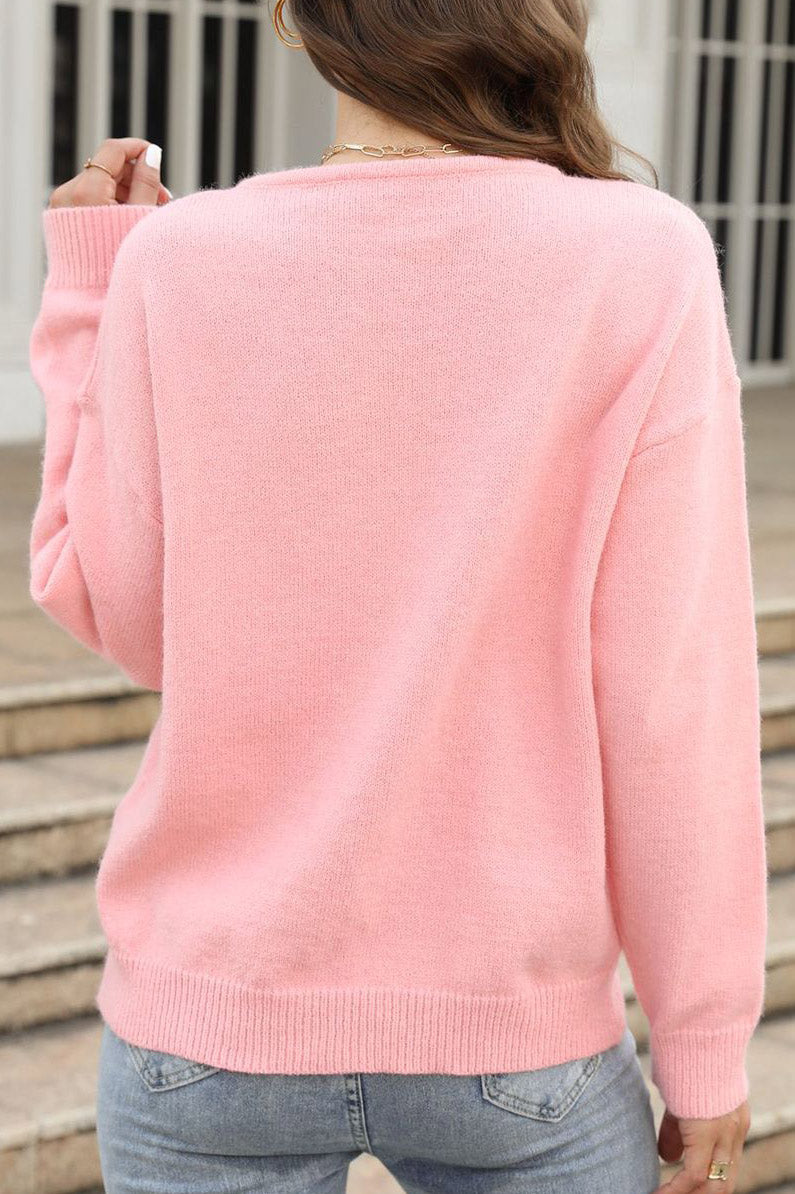 Pink Knitted Sweater With Heart Pattern  Fashionpara
