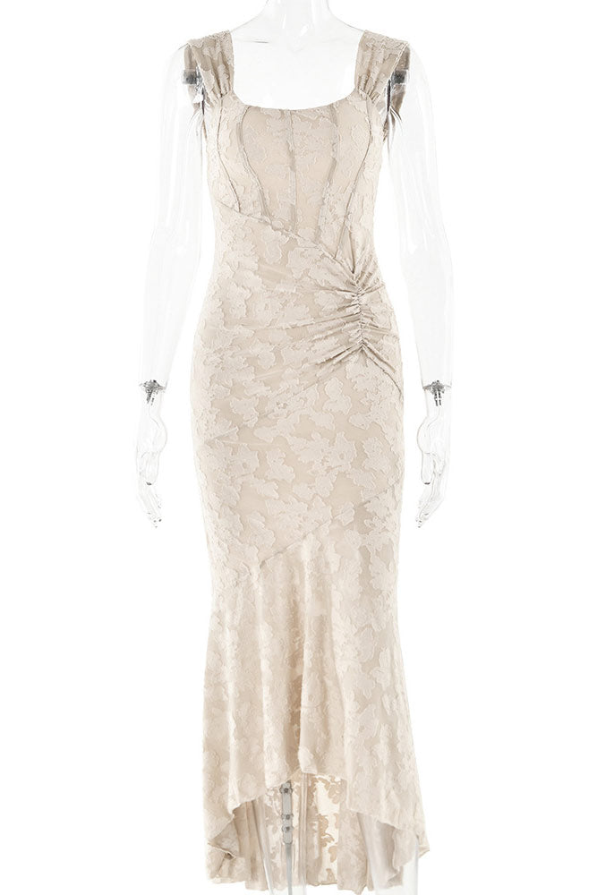 Pink Lace Mermaid Sleeveless Prom Evening Dresses