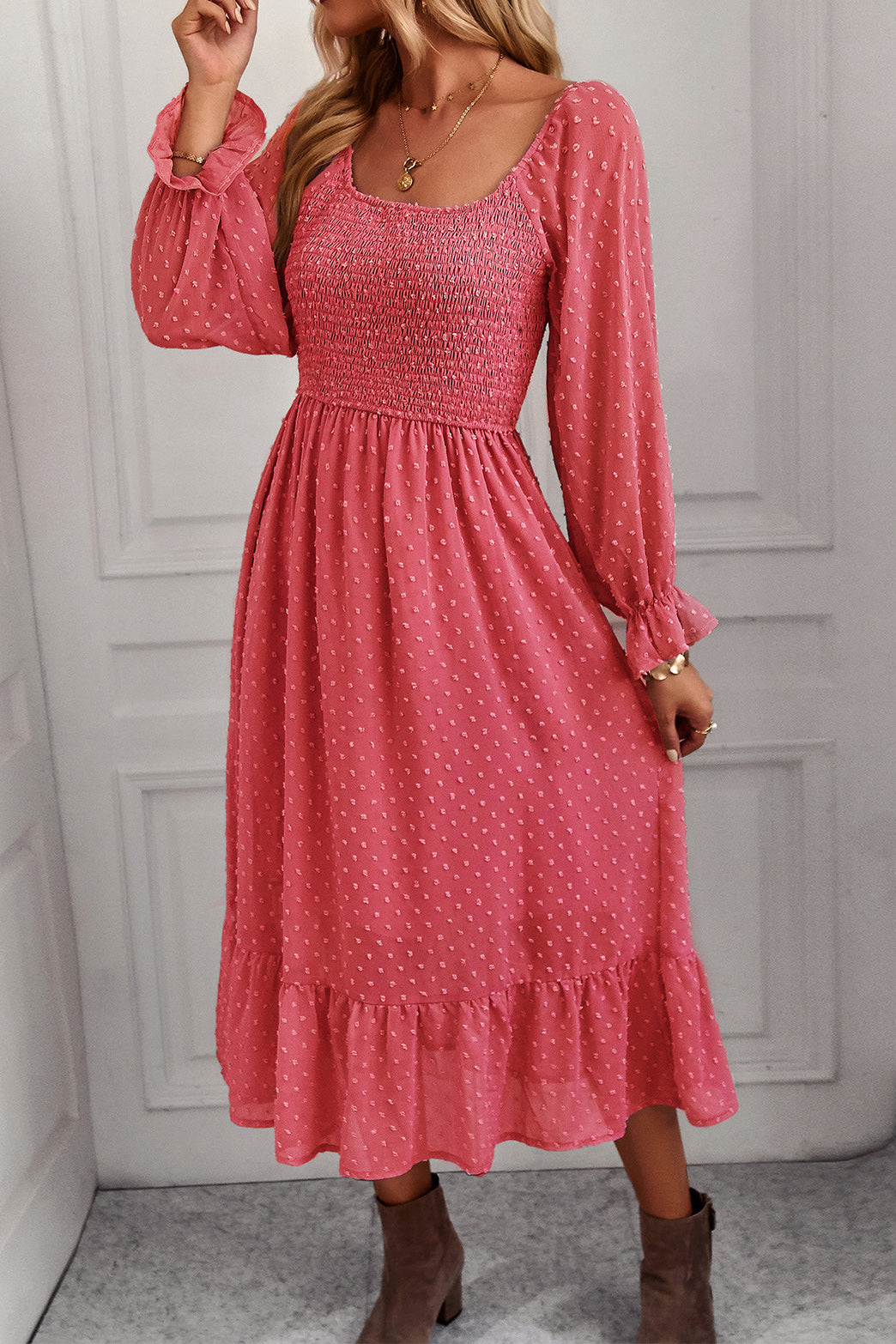 Pink Long Sleeve A-Line Midi Dress Fashionpara