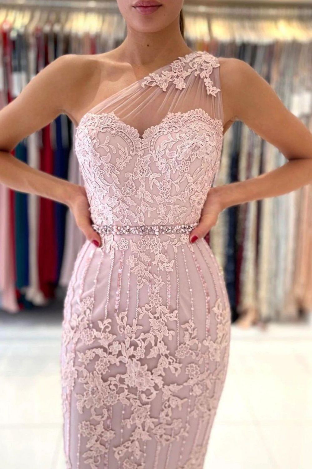 Pink One Shoulder bodycon Homecoming Dress With Belt - Fashionpara