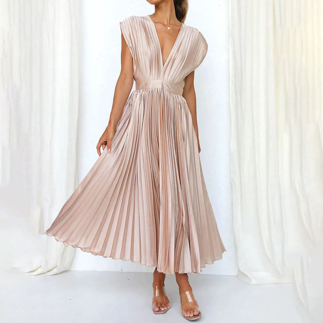 Pleated Satin Deep V-Neck Sleeveless Midi Dress