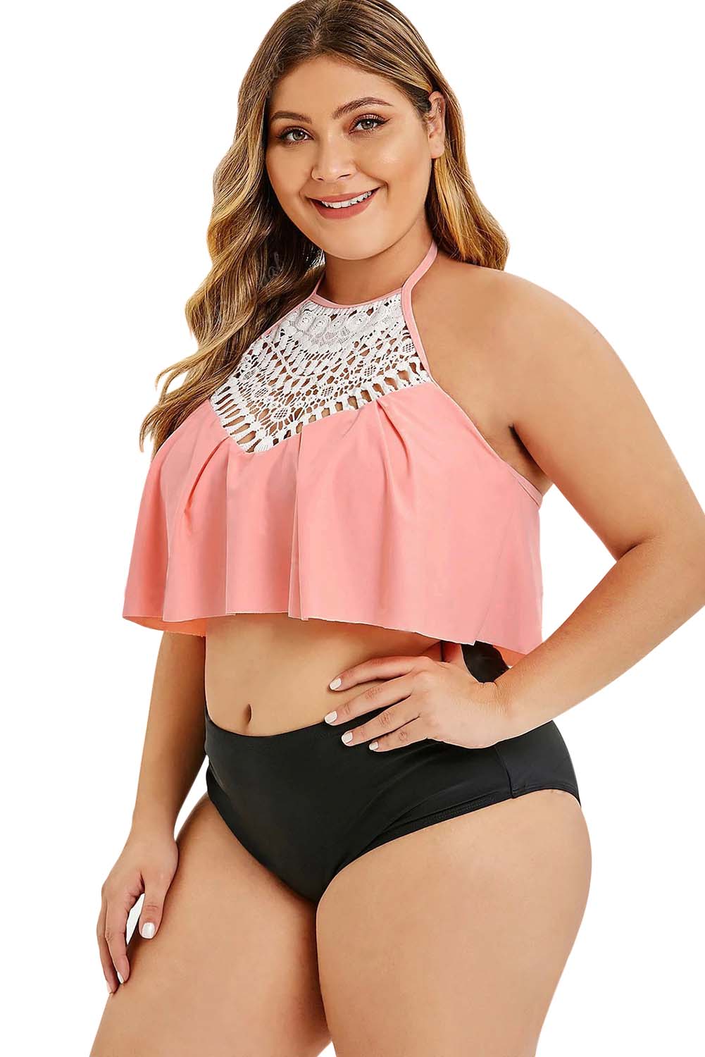 Pink Halter Crochet Flounced Plus Size Tankini Set