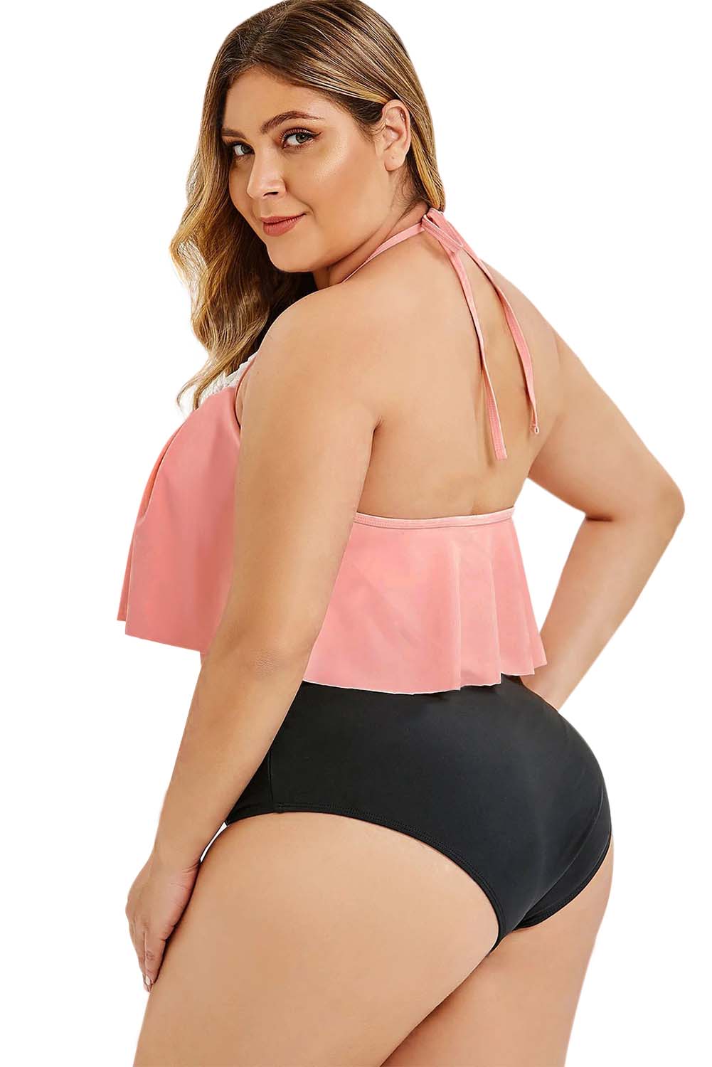 Pink Halter Crochet Flounced Plus Size Tankini Set