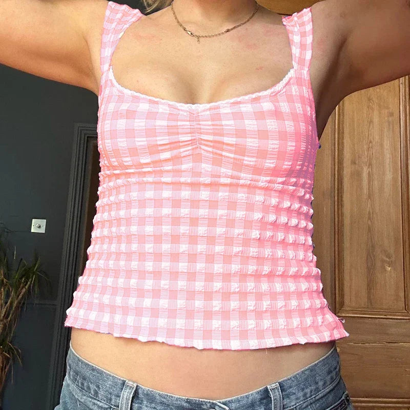 Plaid Gingham Lace Trim Square Collar Slim Fit Y2K Vintage Backless Crop Top