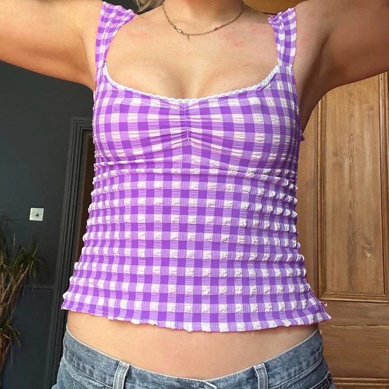 Plaid Gingham Lace Trim Square Collar Slim Fit Y2K Vintage Backless Crop Top