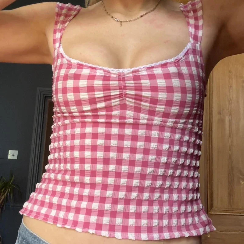 Plaid Gingham Lace Trim Square Collar Slim Fit Y2K Vintage Backless Crop Top