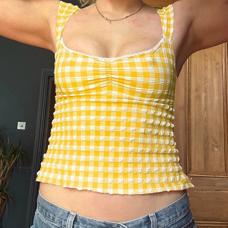 Plaid Gingham Lace Trim Square Collar Slim Fit Y2K Vintage Backless Crop Top