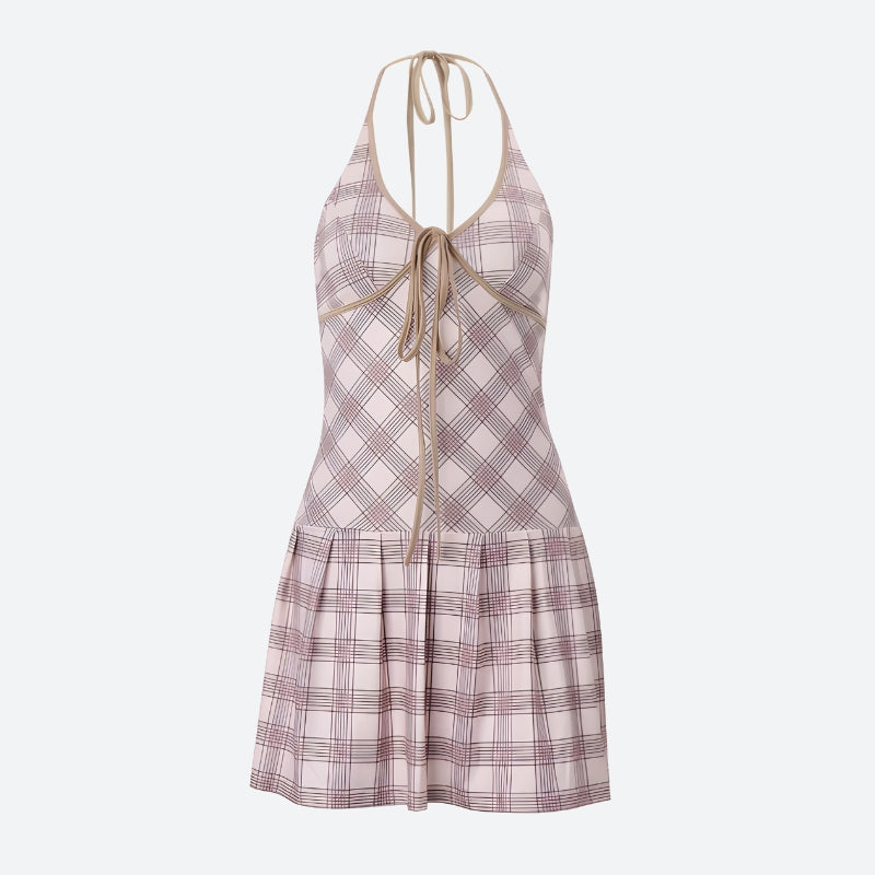 Plaid Halter Neck Tie-Front Pleated Mini Dress 4
