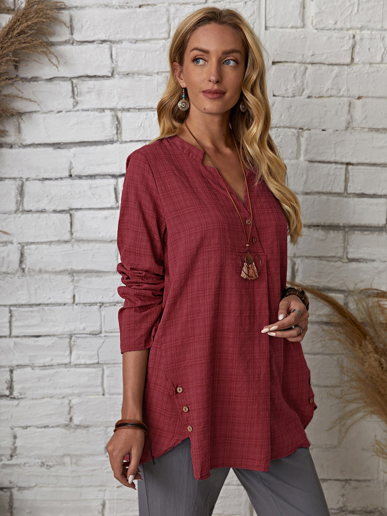 Plaid Notch Neck Blouse - Fashionpara