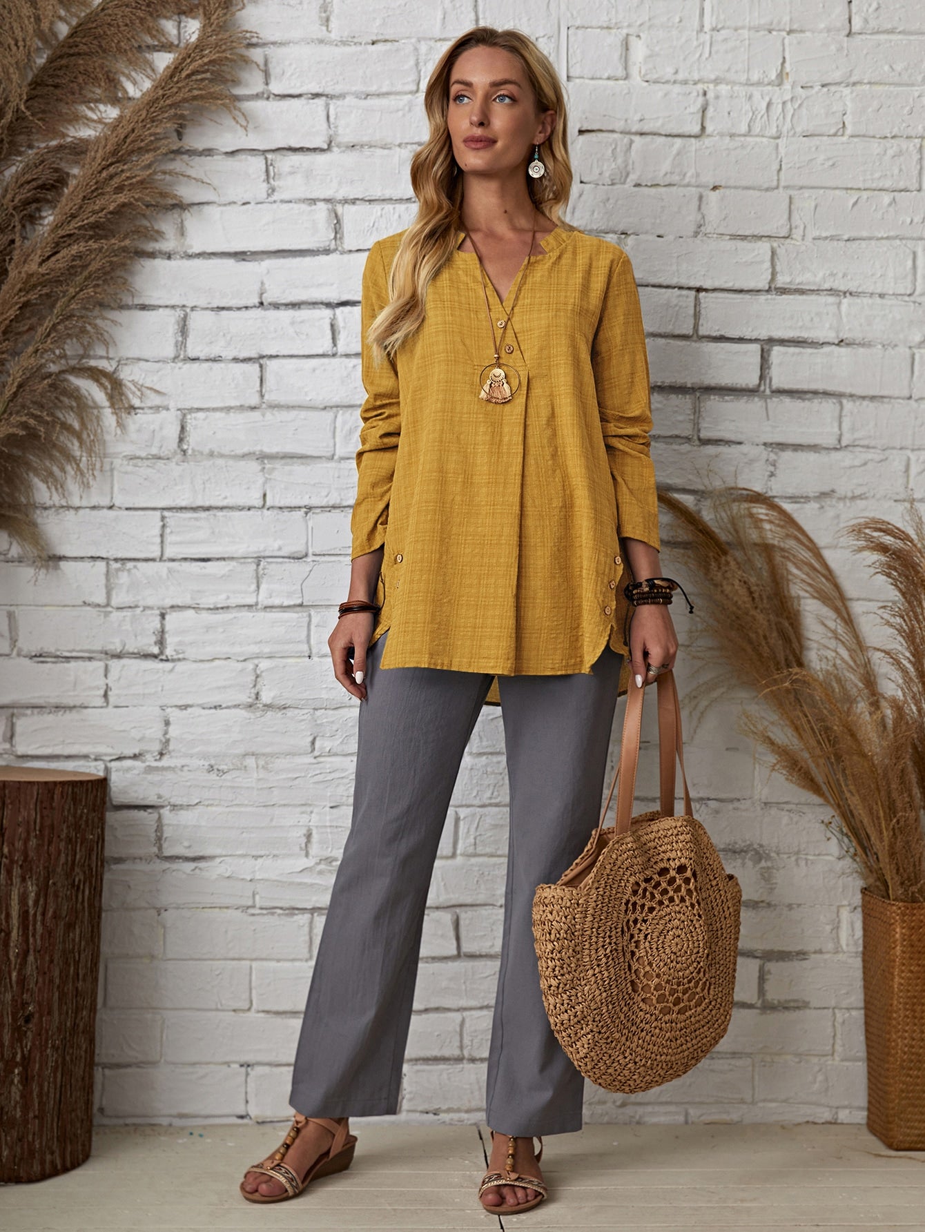 Plaid Notch Neck Blouse - Fashionpara