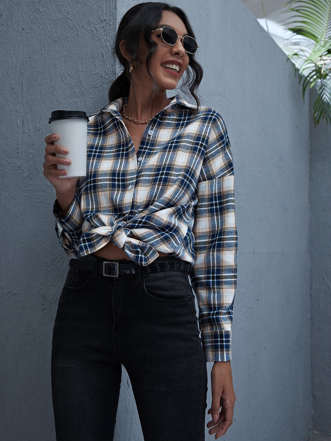 Plaid Print Drop Shoulder Blouse - Fashionpara