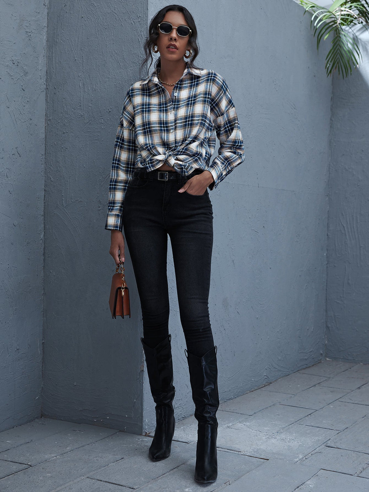 KittenAlarm - Plaid Print Drop Shoulder Blouse