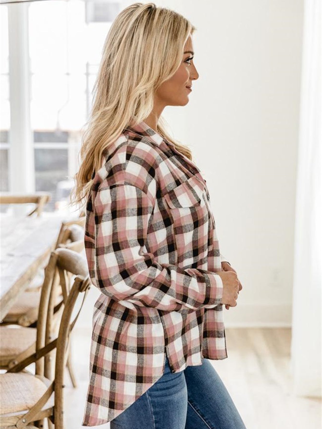 Plaid Print Drop Shoulder Blouse - Fashionpara
