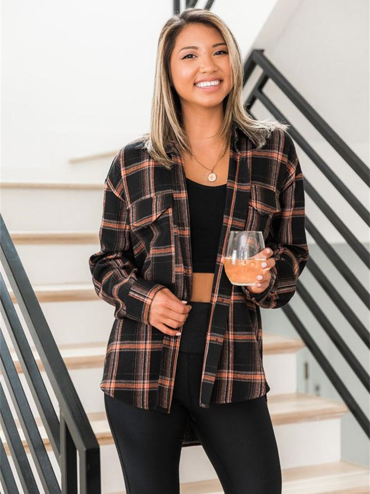 KittenAlarm - Plaid Print Drop Shoulder Blouse