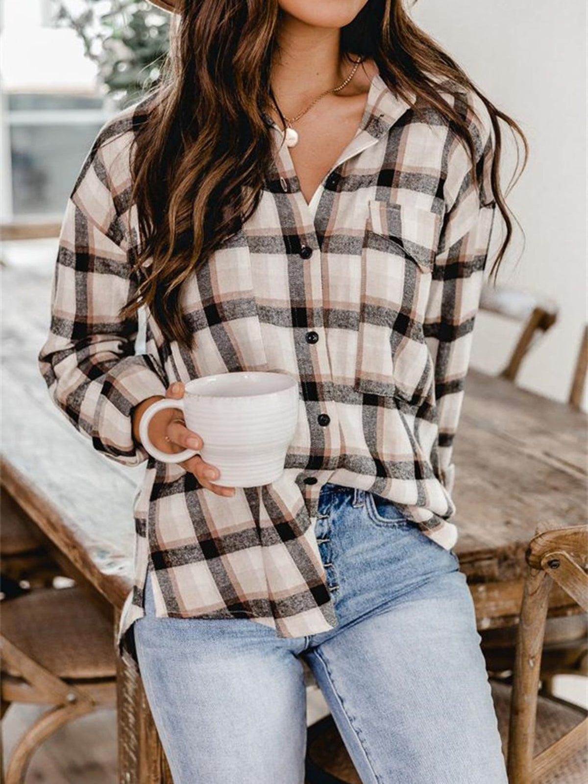 KittenAlarm - Plaid Print Drop Shoulder Blouse