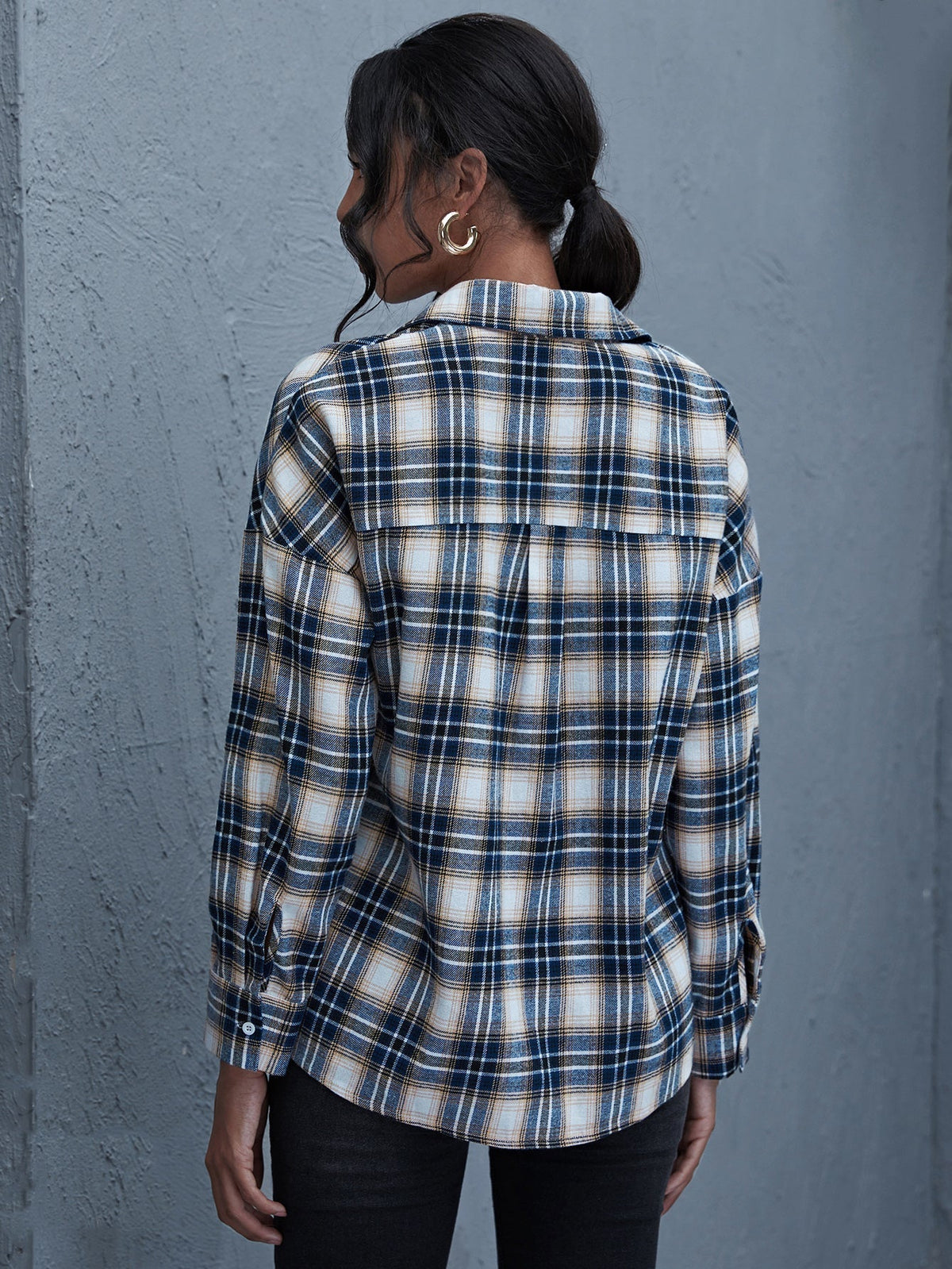KittenAlarm - Plaid Print Drop Shoulder Blouse