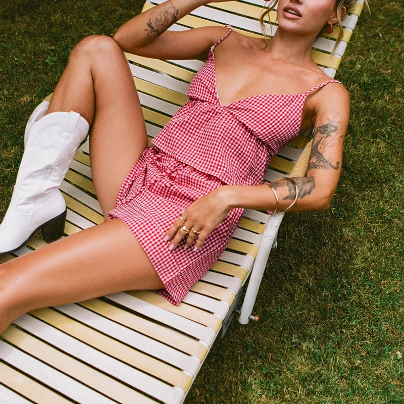 Plaid V Neck Backless Tie-Up Camis Elastic Waist Shorts Two Pieces Set