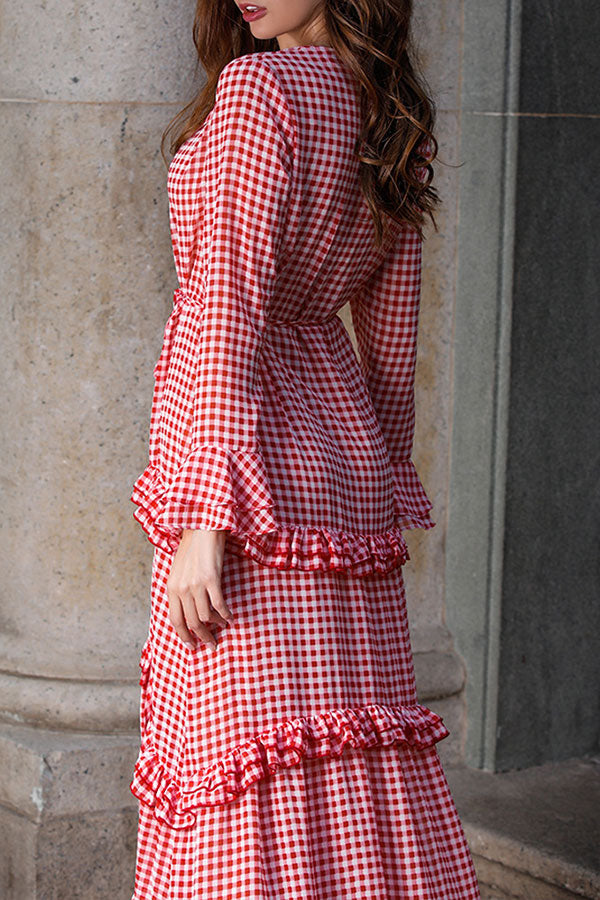 Plaid Ruffled Tie Front Maxi Dress
