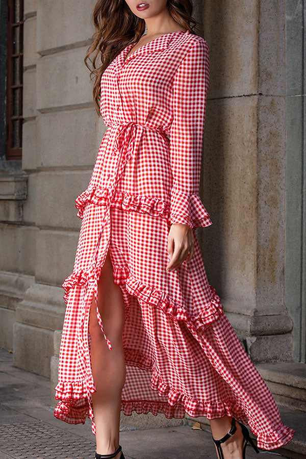 Plaid Ruffled Tie Front Maxi Dress