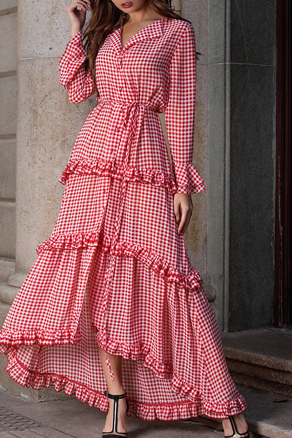 Plaid Ruffled Tie Front Maxi Dress - Mislish