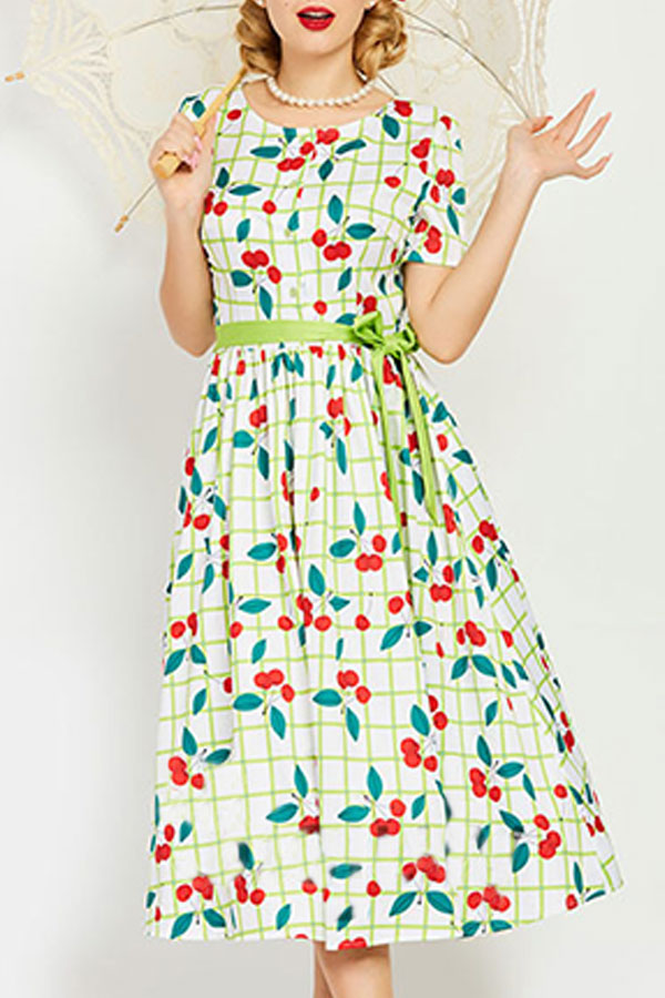 Plaid Scoop Lace-up Printed Dress - Mislish