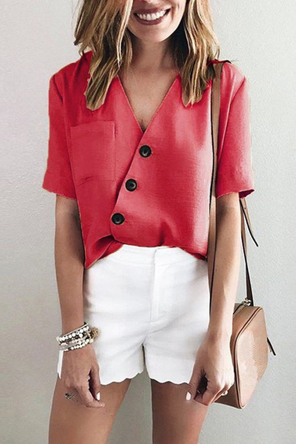 Plain V-neck Button Up Pocket Patched Blouse