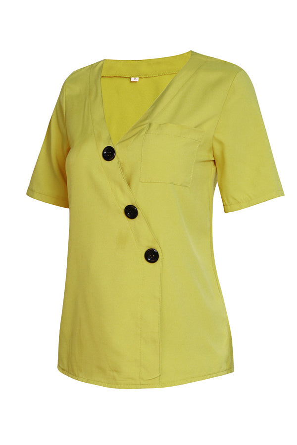 Plain V-neck Button Up Pocket Patched Blouse - Mislish