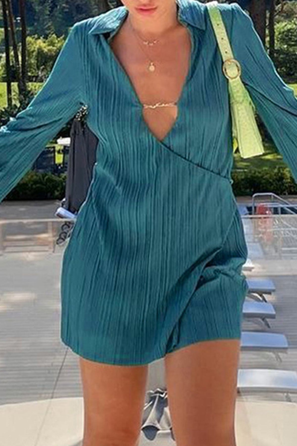 Pleated Lapel Mini Dress With Low Cut Dark Green / M Dresses