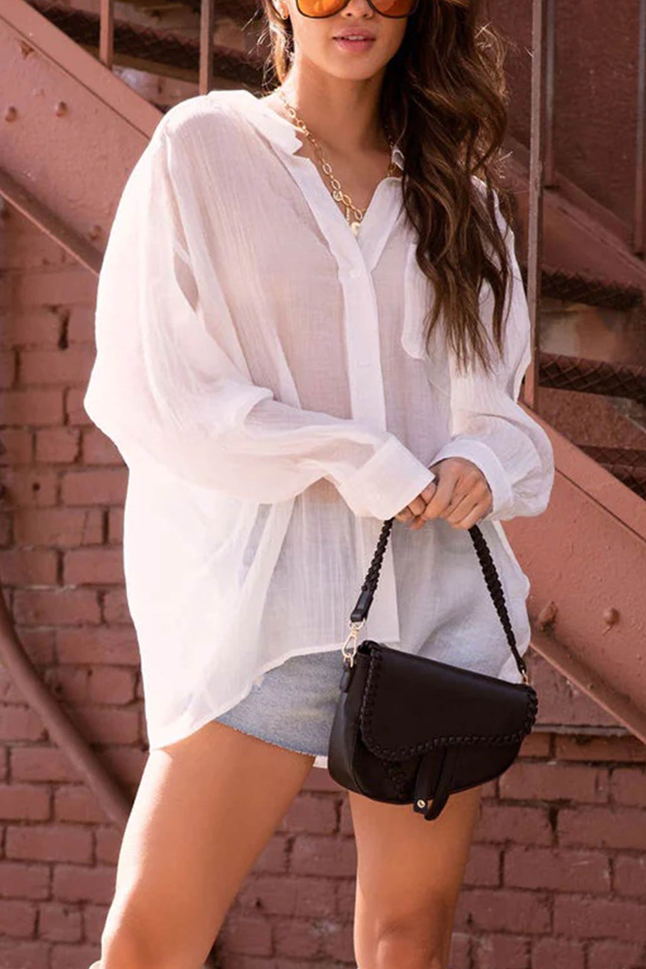Pleated Long Sleeve Loose Blouse - Fashionpara