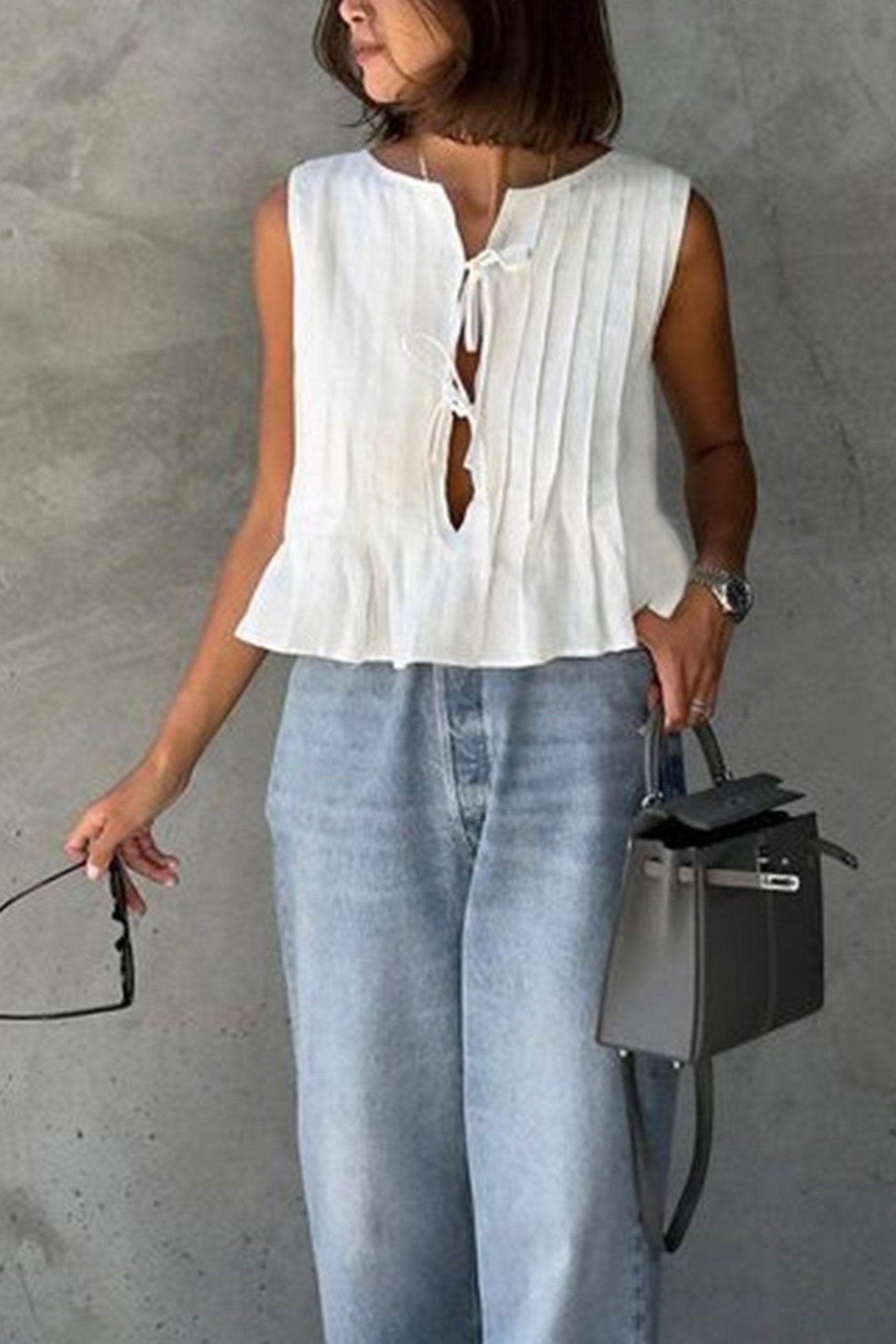 Pleated Tie-up Cotton Linen Tank Top