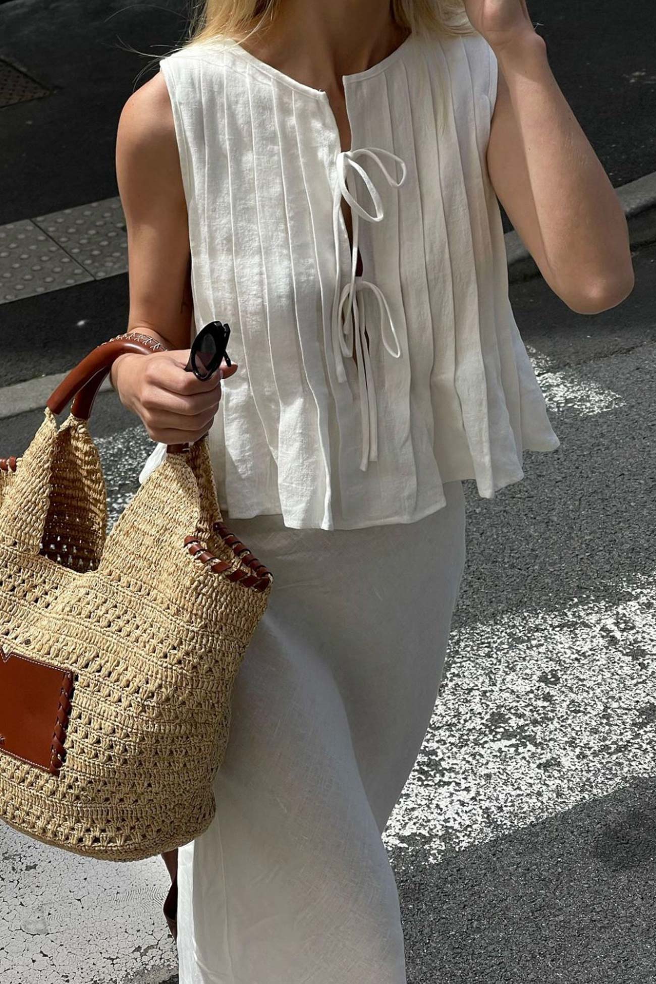 Pleated Tie-up Cotton Linen Tank Top